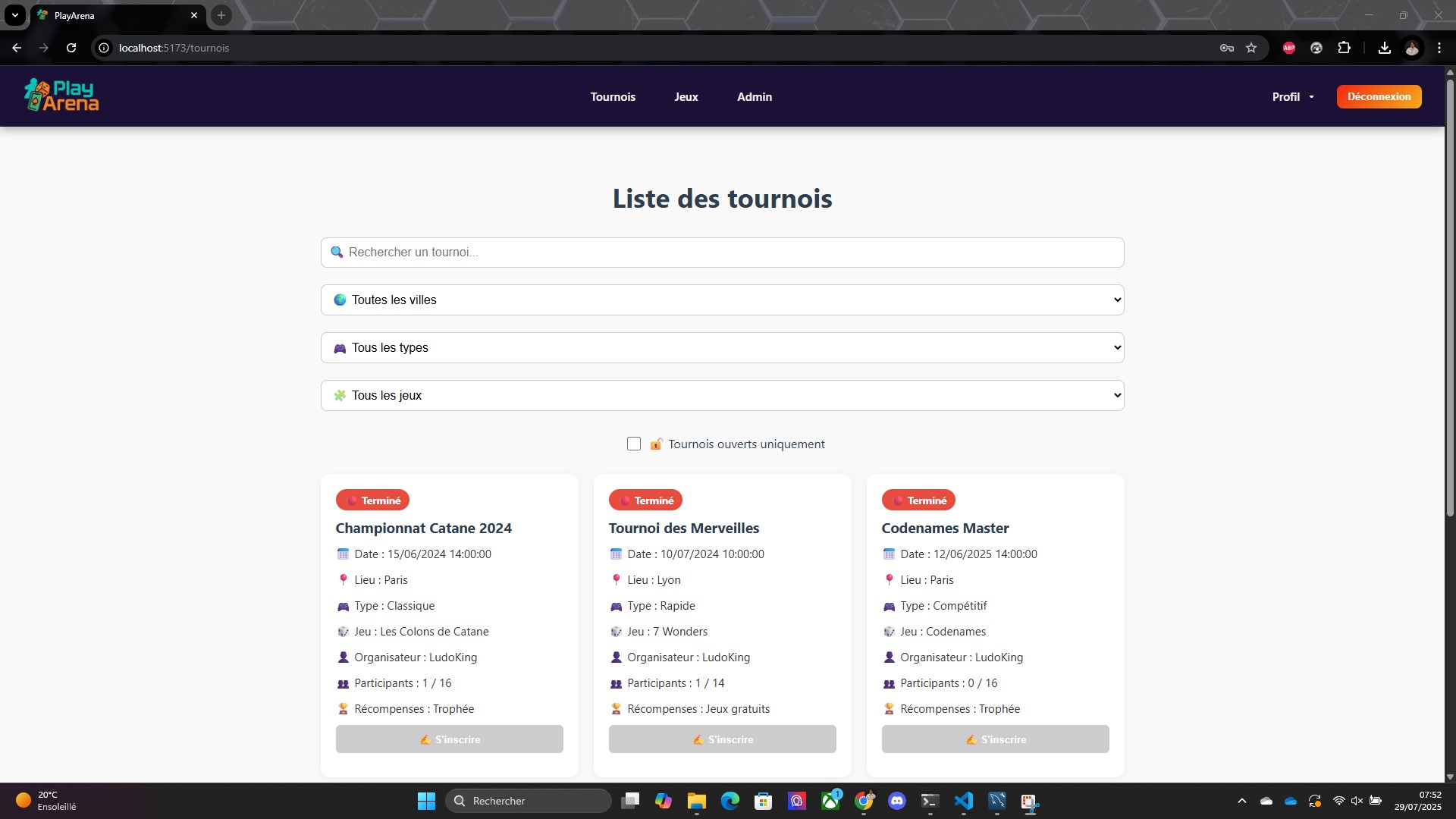 Image du projet PlayArena - Gestion de tournois de jeux de société